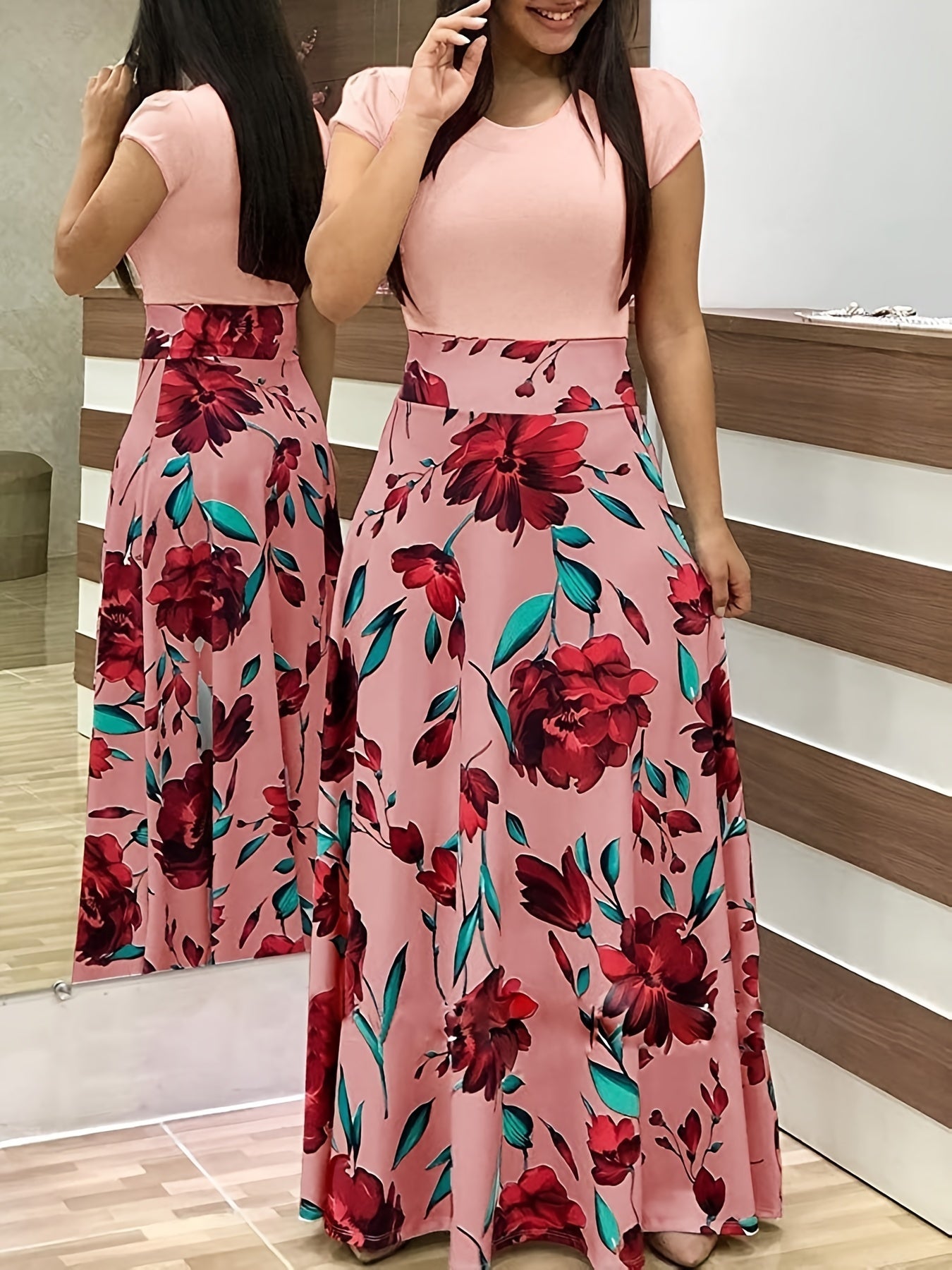 Floral Printed Crew Neck Pendulum Maxi Dress - Elegant Short Sleeve Slim Waist Pleated Design, Micro Elastic Polyester Knit Fabric, Random Printing for Womens All-Season Elegant Dressing