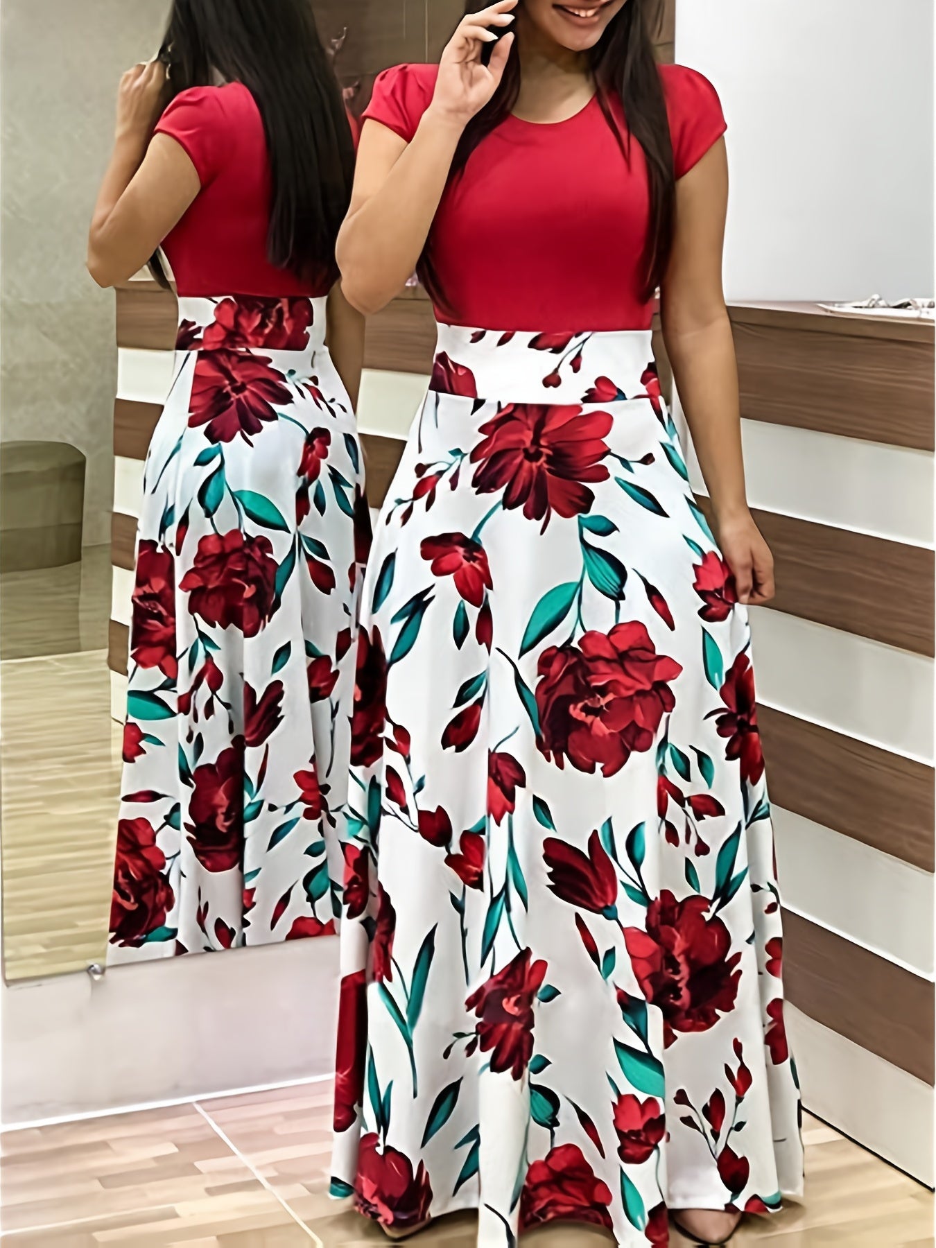 Floral Printed Crew Neck Pendulum Maxi Dress - Elegant Short Sleeve Slim Waist Pleated Design, Micro Elastic Polyester Knit Fabric, Random Printing for Womens All-Season Elegant Dressing