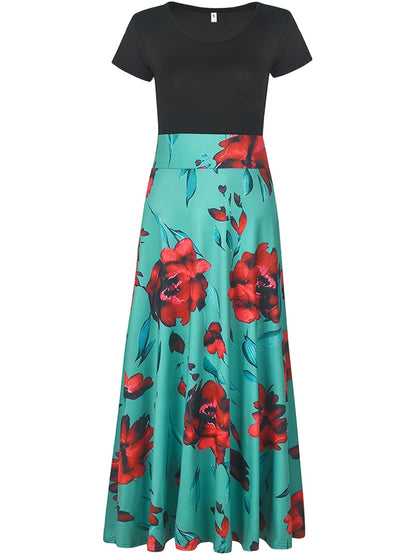 Floral Printed Crew Neck Pendulum Maxi Dress - Elegant Short Sleeve Slim Waist Pleated Design, Micro Elastic Polyester Knit Fabric, Random Printing for Womens All-Season Elegant Dressing