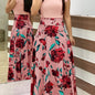 Floral Printed Crew Neck Pendulum Maxi Dress - Elegant Short Sleeve Slim Waist Pleated Design, Micro Elastic Polyester Knit Fabric, Random Printing for Womens All-Season Elegant Dressing