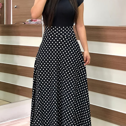Floral Printed Crew Neck Pendulum Maxi Dress - Elegant Short Sleeve Slim Waist Pleated Design, Micro Elastic Polyester Knit Fabric, Random Printing for Womens All-Season Elegant Dressing