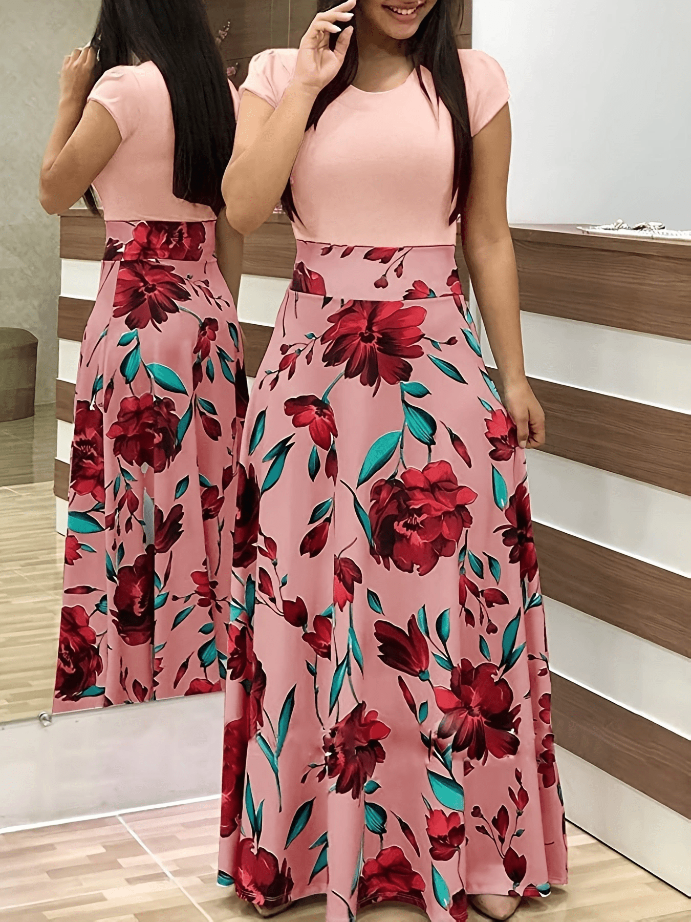 Floral Printed Crew Neck Pendulum Maxi Dress - Elegant Short Sleeve Slim Waist Pleated Design, Micro Elastic Polyester Knit Fabric, Random Printing for Womens All-Season Elegant Dressing