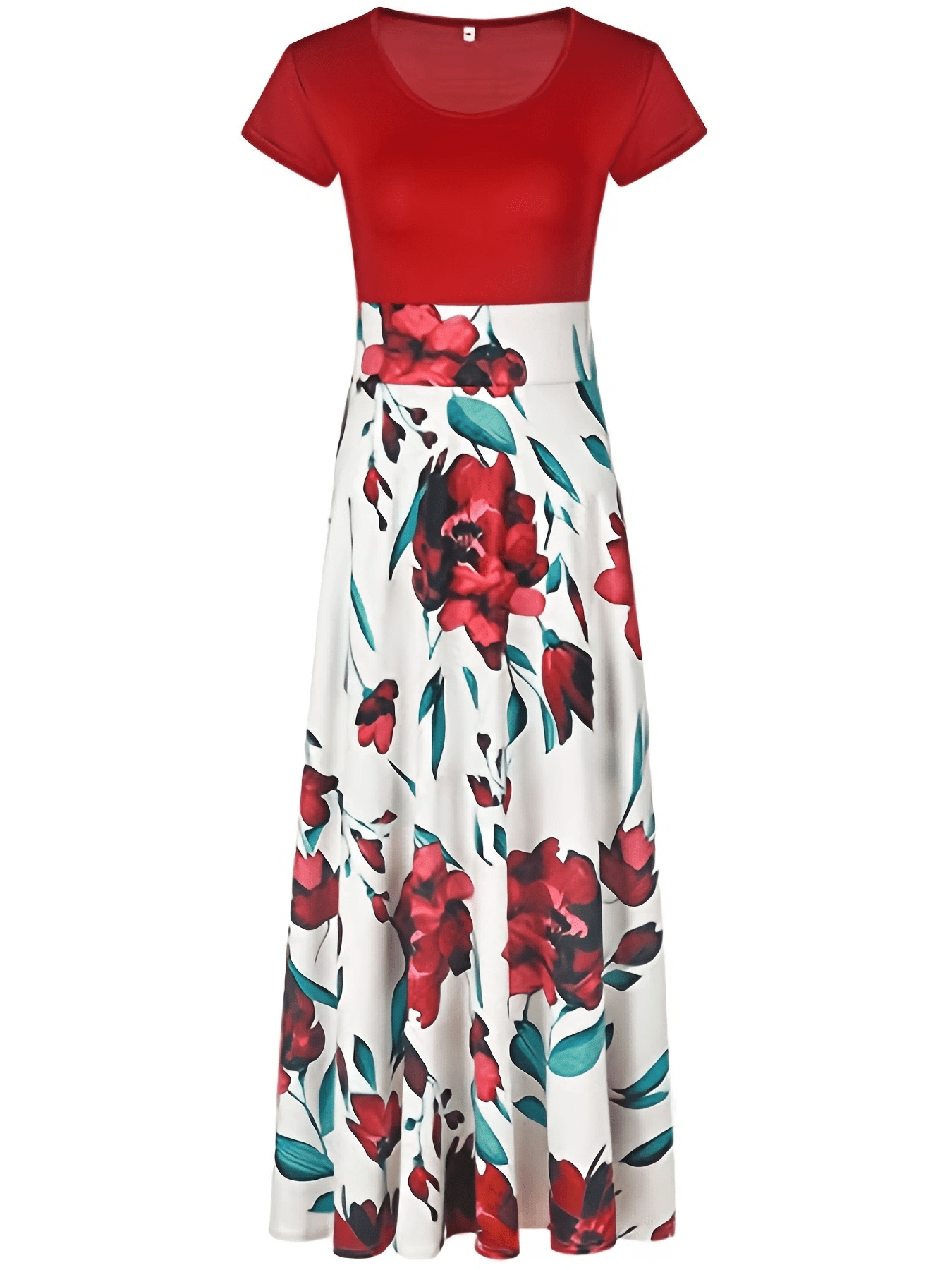 Floral Printed Crew Neck Pendulum Maxi Dress - Elegant Short Sleeve Slim Waist Pleated Design, Micro Elastic Polyester Knit Fabric, Random Printing for Womens All-Season Elegant Dressing