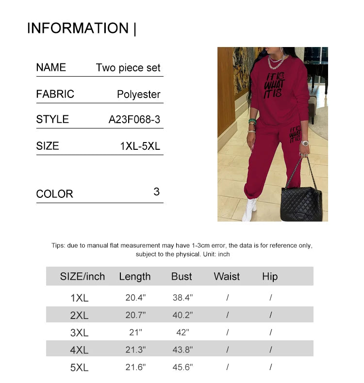 Plus Size Casual Sports Hoodie Two-Piece Set Loose Long Sleeve T Shirt Letter Pants for Women