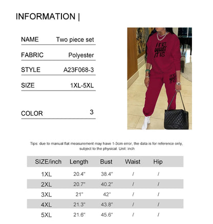 Plus Size Casual Sports Hoodie Two-Piece Set Loose Long Sleeve T Shirt Letter Pants for Women