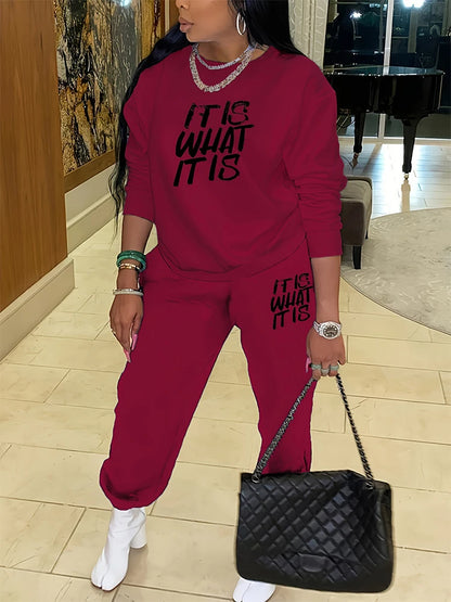 Plus Size Casual Sports Hoodie Two-Piece Set Loose Long Sleeve T Shirt Letter Pants for Women