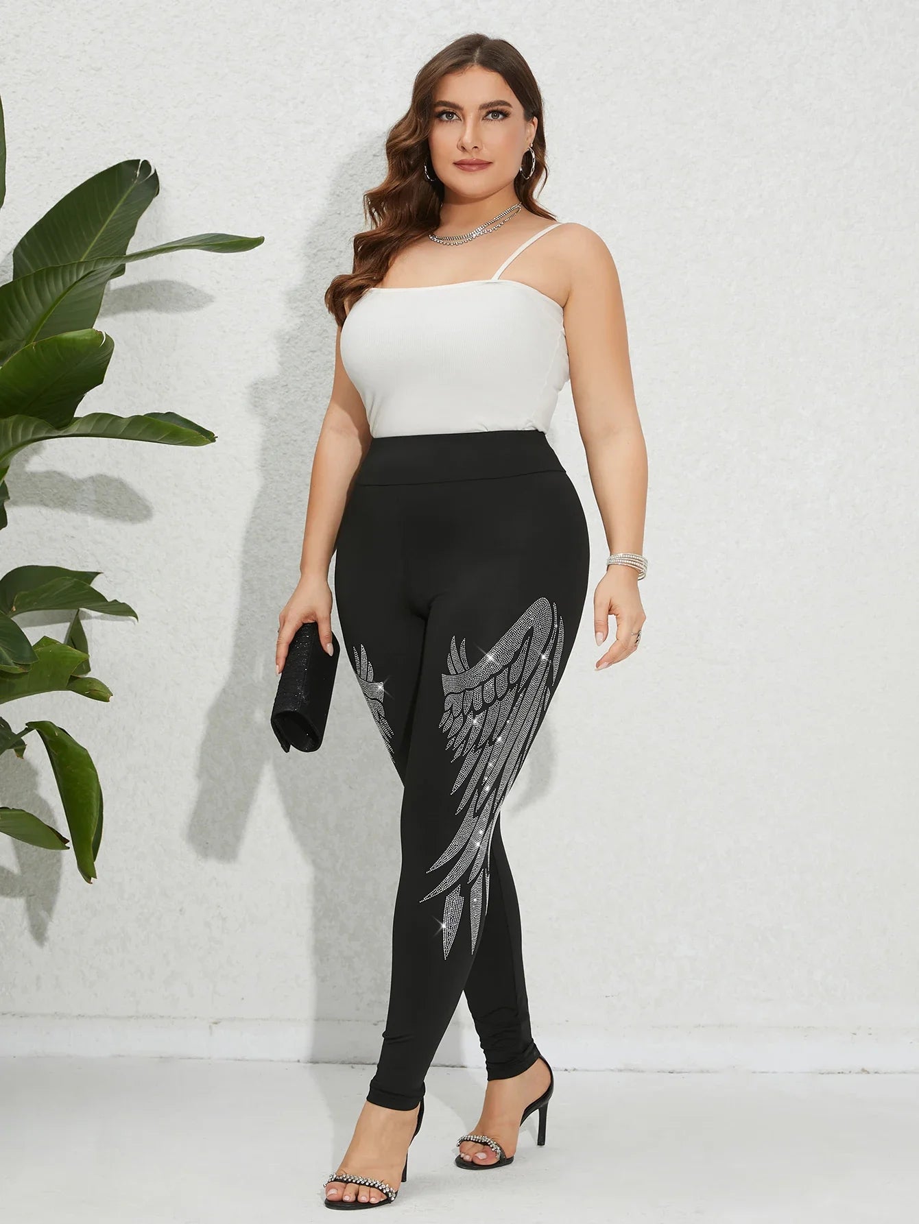 Plus Size Women's Leggings Sparkling Rhinestone Angel Wings Pattern Skinny Trousers Fashion Casual High Stretch Knit Bottoms