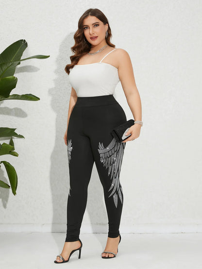 Plus Size Women's Leggings Sparkling Rhinestone Angel Wings Pattern Skinny Trousers Fashion Casual High Stretch Knit Bottoms
