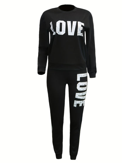 Women's Sports Two-piece Set, Love Letter Print Long Sleeve Top & Pants For Fall & Winter, Women's Clothing