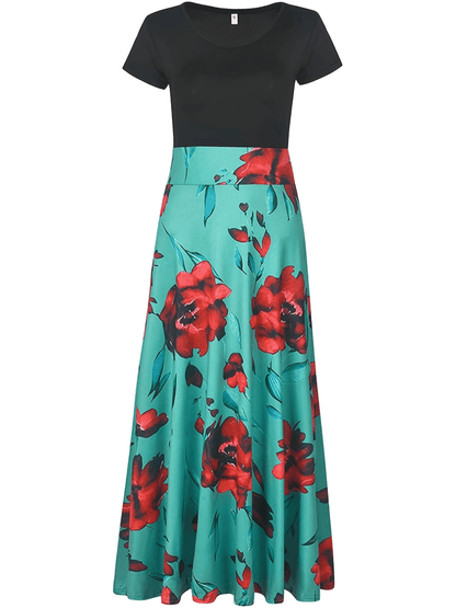 Floral Printed Crew Neck Pendulum Maxi Dress - Elegant Short Sleeve Slim Waist Pleated Design, Micro Elastic Polyester Knit Fabric, Random Printing for Womens All-Season Elegant Dressing