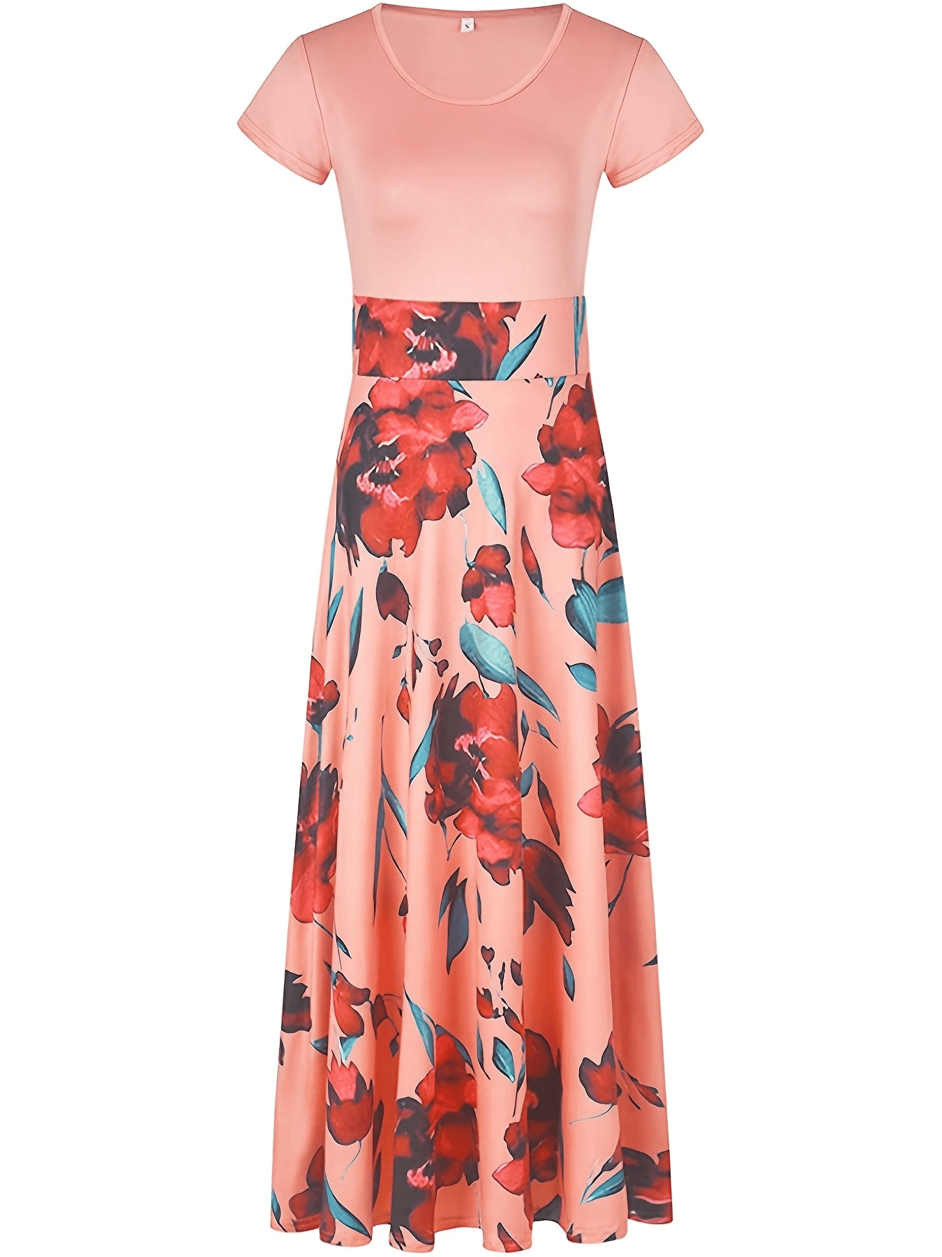 Floral Printed Crew Neck Pendulum Maxi Dress - Elegant Short Sleeve Slim Waist Pleated Design, Micro Elastic Polyester Knit Fabric, Random Printing for Womens All-Season Elegant Dressing