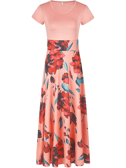 Floral Printed Crew Neck Pendulum Maxi Dress - Elegant Short Sleeve Slim Waist Pleated Design, Micro Elastic Polyester Knit Fabric, Random Printing for Womens All-Season Elegant Dressing