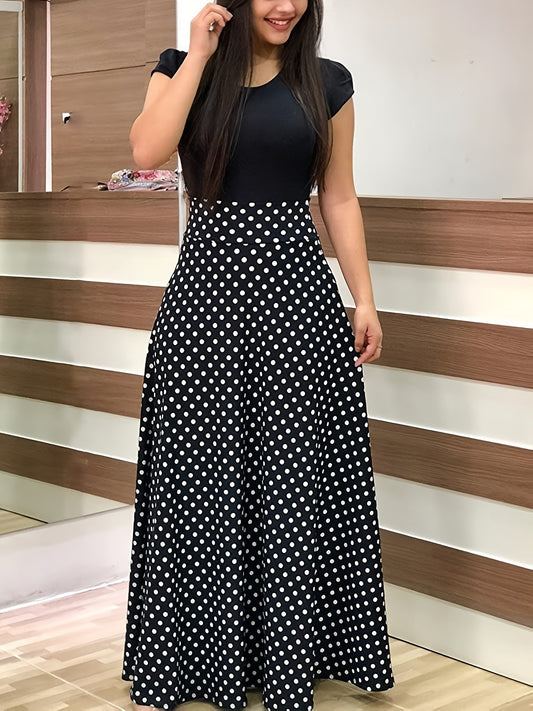 Floral Printed Crew Neck Pendulum Maxi Dress - Elegant Short Sleeve Slim Waist Pleated Design, Micro Elastic Polyester Knit Fabric, Random Printing for Womens All-Season Elegant Dressing