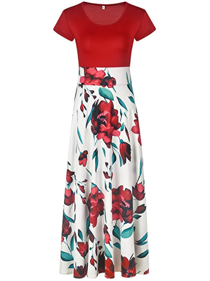 Floral Printed Crew Neck Pendulum Maxi Dress - Elegant Short Sleeve Slim Waist Pleated Design, Micro Elastic Polyester Knit Fabric, Random Printing for Womens All-Season Elegant Dressing