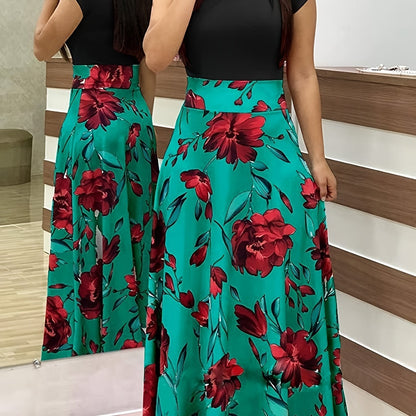 Floral Printed Crew Neck Pendulum Maxi Dress - Elegant Short Sleeve Slim Waist Pleated Design, Micro Elastic Polyester Knit Fabric, Random Printing for Womens All-Season Elegant Dressing