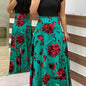 Floral Printed Crew Neck Pendulum Maxi Dress - Elegant Short Sleeve Slim Waist Pleated Design, Micro Elastic Polyester Knit Fabric, Random Printing for Womens All-Season Elegant Dressing