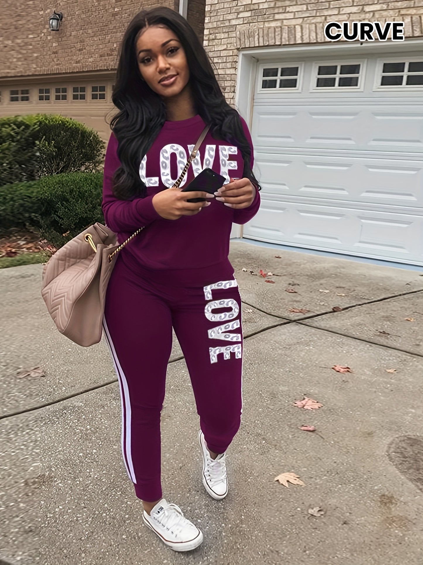 Women's Sports Two-piece Set, Love Letter Print Long Sleeve Top & Pants For Fall & Winter, Women's Clothing